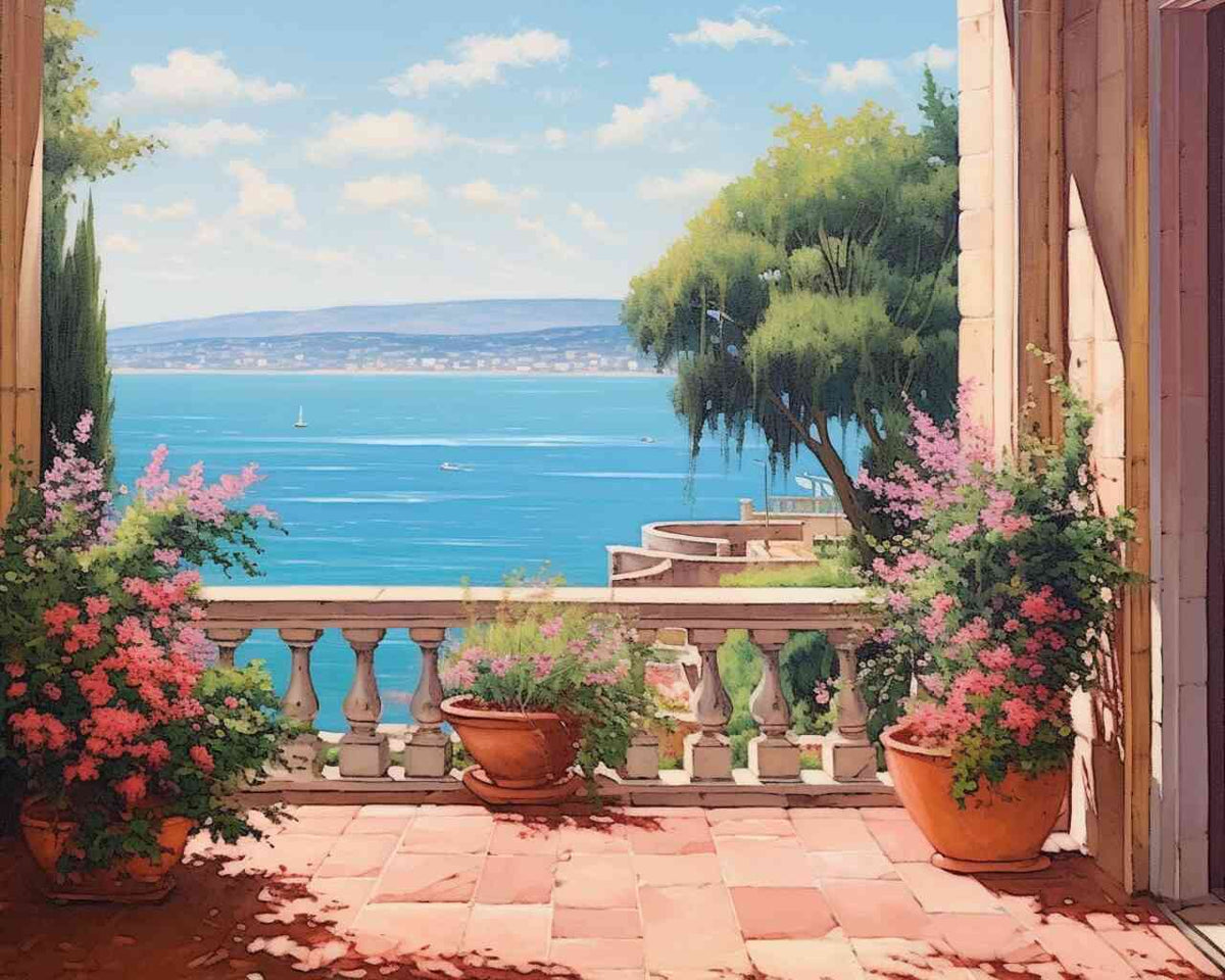 Paint by Numbers - Mediterranean Whispers stone terrace with pastel flowerpots, azure sea view, and sailing boats on the horizon.