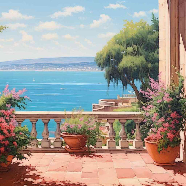 Paint by Numbers - Mediterranean Whispers stone terrace with pastel flowerpots, azure sea view, and sailing boats on the horizon.