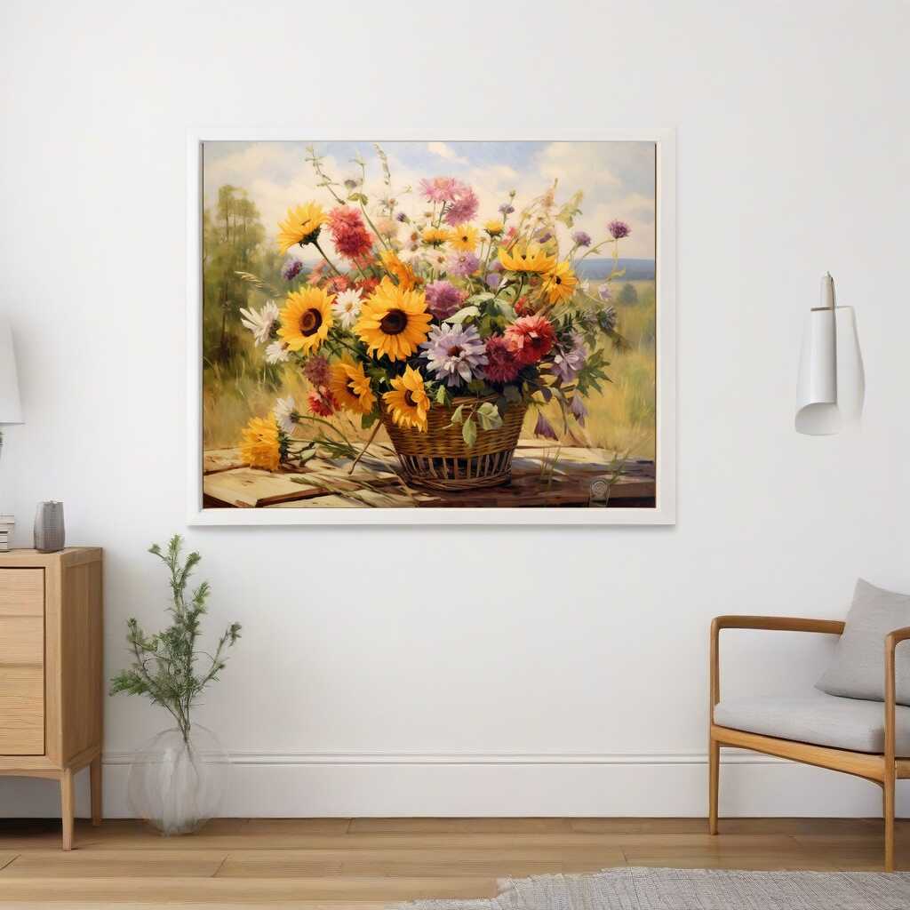 Paint by Numbers artwork of a vibrant summer flower basket with sunflowers, daisies, and asters framed on a wall in a cozy room.