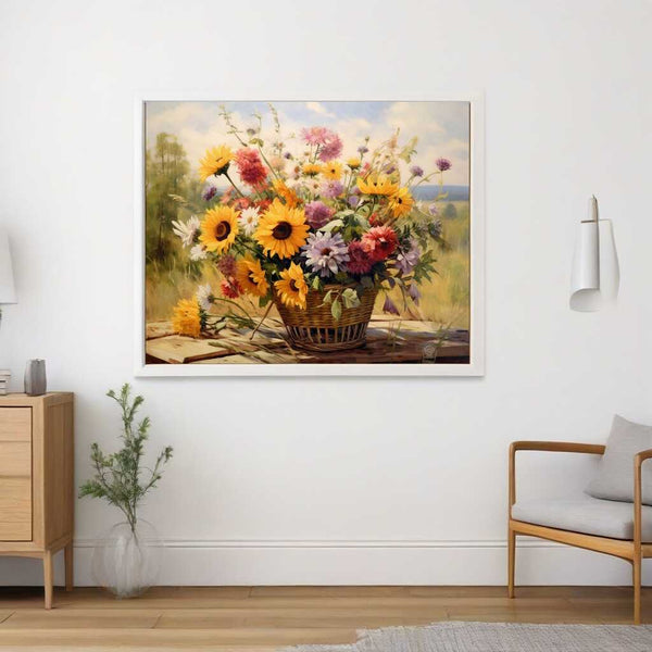 Paint by Numbers artwork of a vibrant summer flower basket with sunflowers, daisies, and asters framed on a wall in a cozy room.
