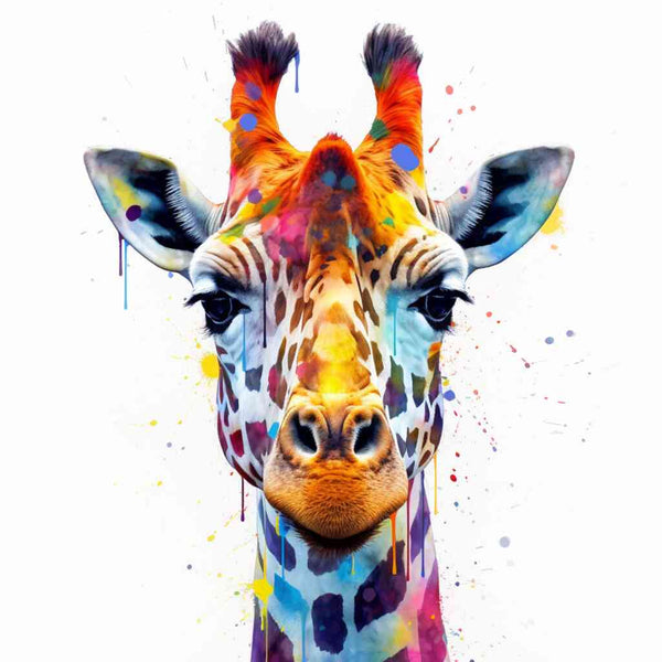 Paint by Numbers - Colorful giraffe portrait with splashes of blue, yellow, and red in "Color Explosion in the Animal Kingdom" artwork.