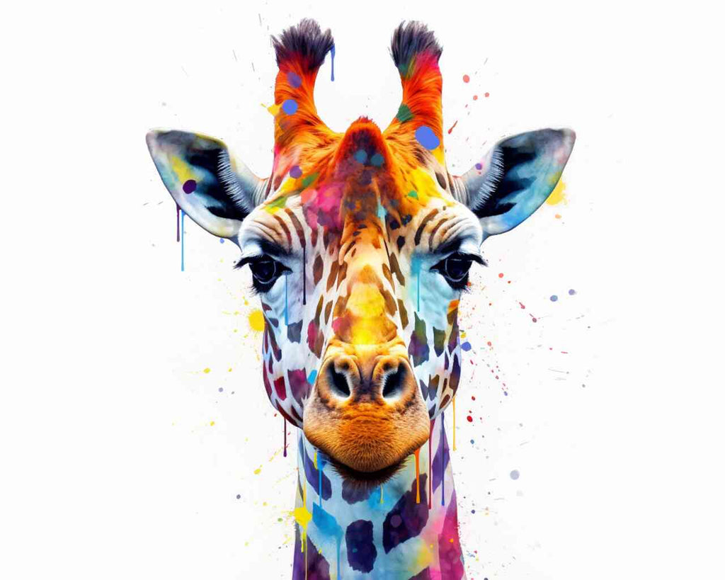Paint by Numbers - Colorful giraffe portrait with splashes of blue, yellow, and red in "Color Explosion in the Animal Kingdom" artwork.