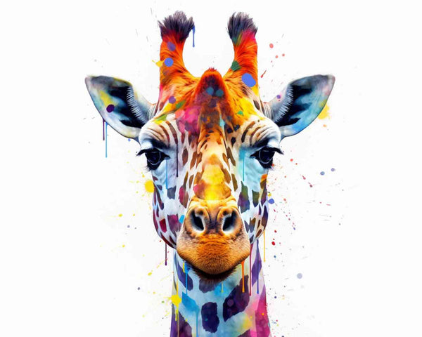Paint by Numbers - Colorful giraffe portrait with splashes of blue, yellow, and red in 