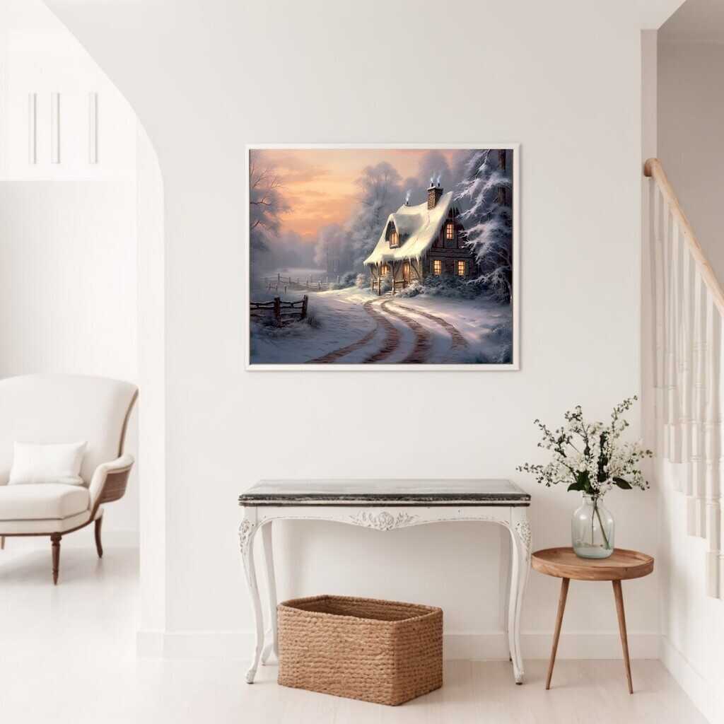 Paint by Numbers - Winter Secret artwork displayed in a cozy, bright living room, showcasing a romantic winter house scene by dusk