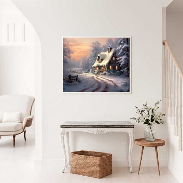 Paint by Numbers - Winter Secret artwork displayed in a cozy, bright living room, showcasing a romantic winter house scene by dusk