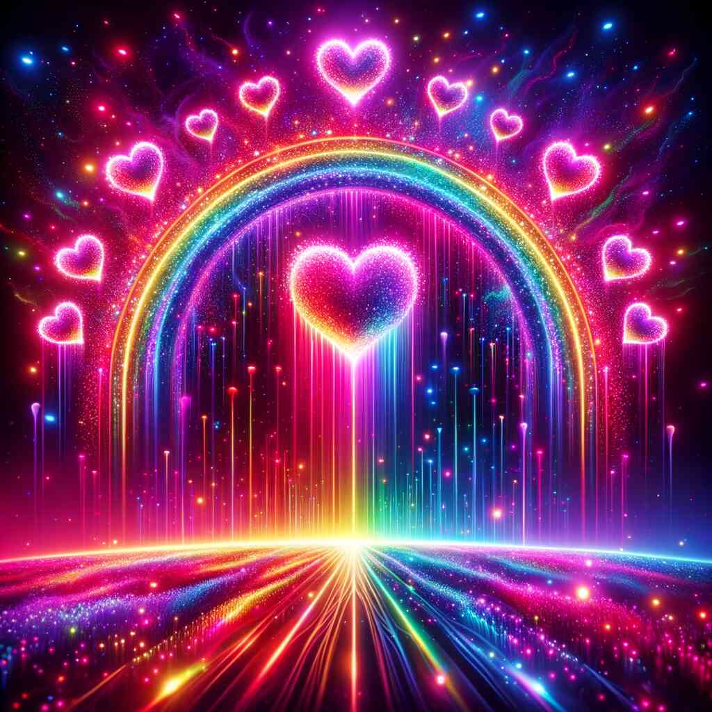 Paint by Numbers Heart Shine in Sea of Stars with Glowing Rainbows and Neon Hearts in Abstract Fantasy World