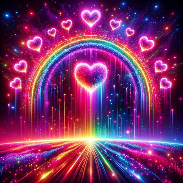 Paint by Numbers Heart Shine in Sea of Stars with Glowing Rainbows and Neon Hearts in Abstract Fantasy World