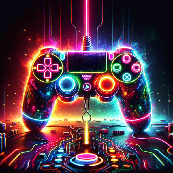 Paint by Numbers kit with neon game controller, glowing in vivid electric colors, titled "Neon Symphony of Gaming".