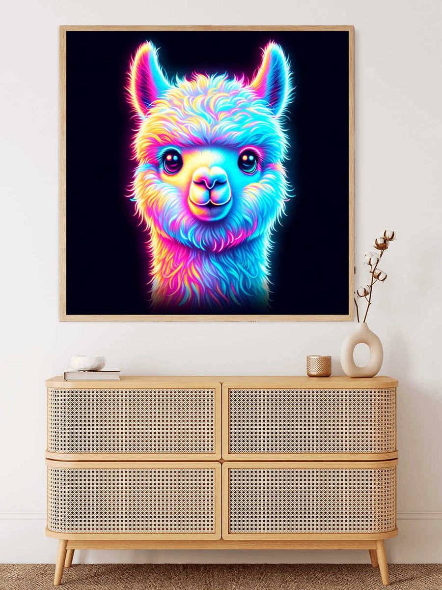 Paint by Numbers - Vibrant llama artwork glowing in neon bright colors of blue, pink, and purple inspired by Modern Pop Art.