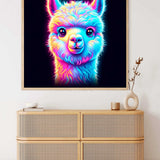 Paint by Numbers - Vibrant llama artwork glowing in neon bright colors of blue, pink, and purple inspired by Modern Pop Art.