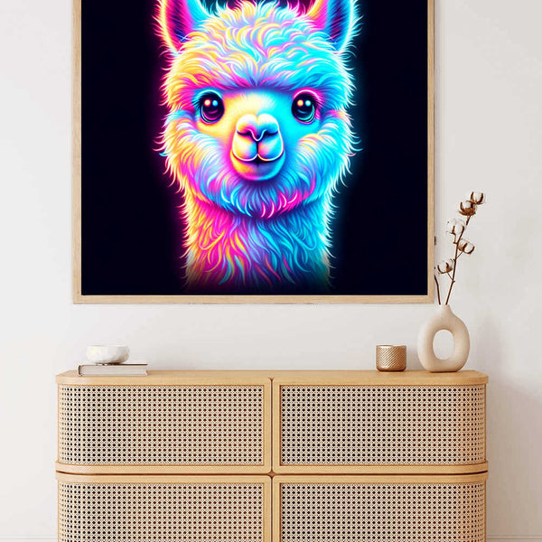 Paint by Numbers - Vibrant llama artwork glowing in neon bright colors of blue, pink, and purple inspired by Modern Pop Art.