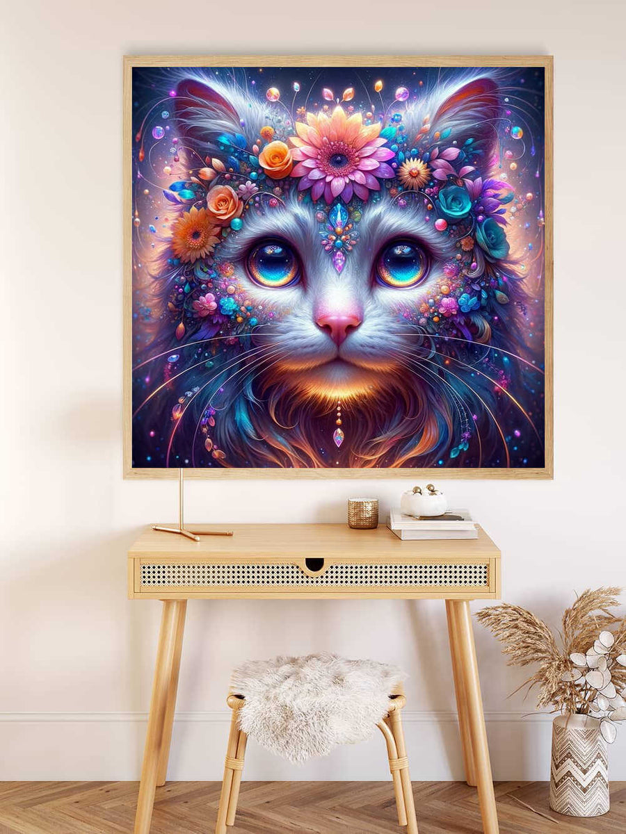 Paint by Numbers - Floral Dreams of a Star Being with a cat-like creature adorned with flowers in vibrant sky blue, deep purple, and soft orange tones.