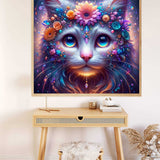 Paint by Numbers - Floral Dreams of a Star Being with a cat-like creature adorned with flowers in vibrant sky blue, deep purple, and soft orange tones.