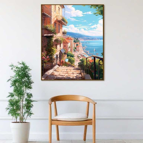 Paint by Numbers - Mediterranean Longing coastal town art with terracotta roofs, pastel facades, blue sky, and relaxing sea.