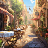 Paint by Numbers - Sunlit Mediterranean street scene with restaurant, blooming flowers, and terracotta-colored facades.