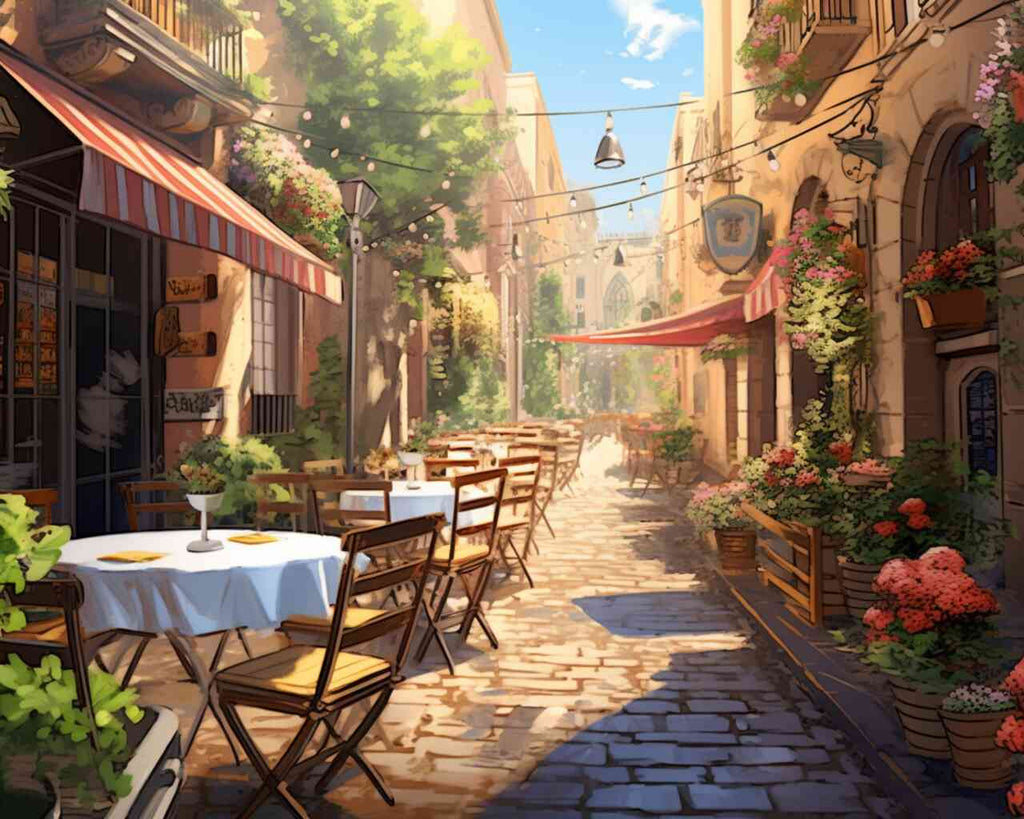 Paint by Numbers - Sunlit Mediterranean street scene with restaurant, blooming flowers, and terracotta-colored facades.