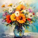 Paint by Numbers - Colorful Joy in a Glass with vibrant flowers in yellow, orange, white, and red tones in an impressionistic style