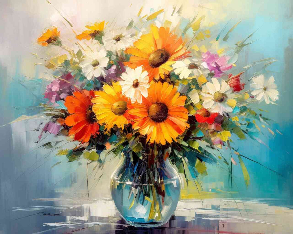 Paint by Numbers - Colorful Joy in a Glass with vibrant flowers in yellow, orange, white, and red tones in an impressionistic style