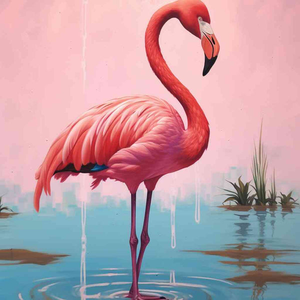 Paint by Numbers - Flamingo in calm waters with pink and sky blue shades in gentle twilight, evoking peace and grace.