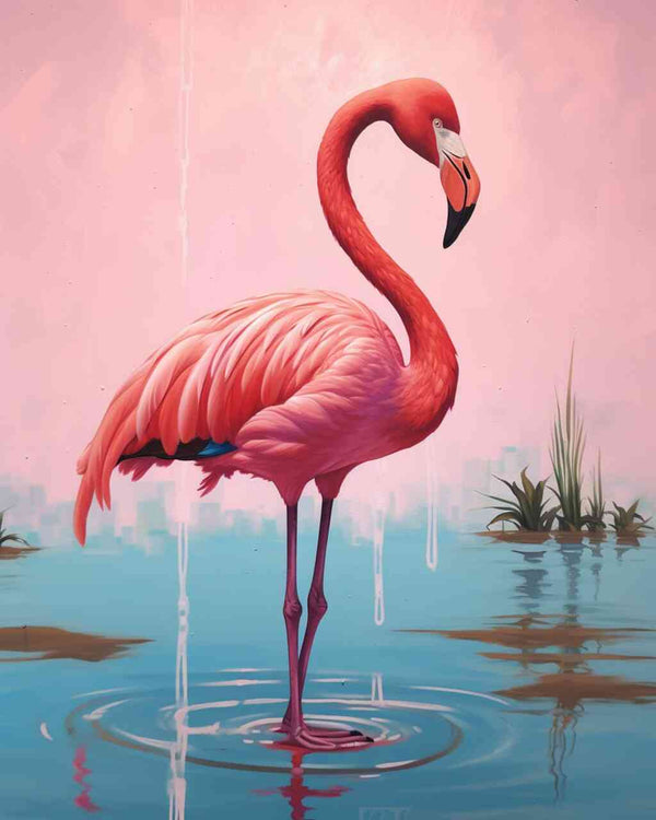 Paint by Numbers - Flamingo in calm waters with pink and sky blue shades in gentle twilight, evoking peace and grace.