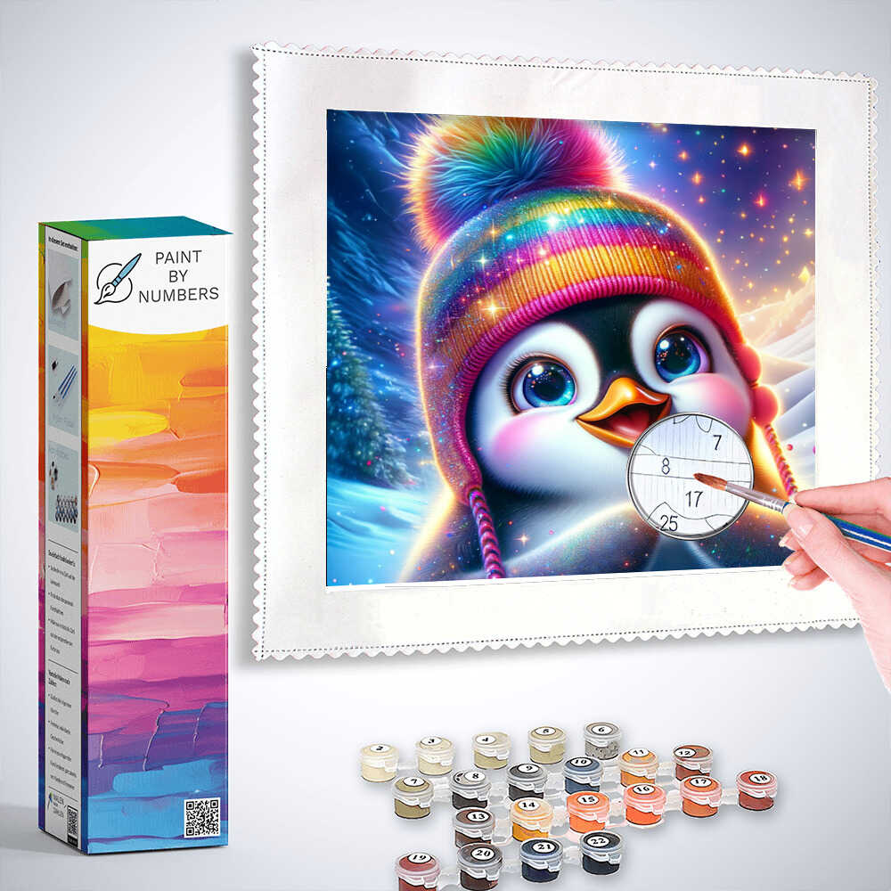 Paint by Numbers kit featuring a colorful penguin in a rainbow hat, with paint pots and a brush for a vibrant, magical artwork.