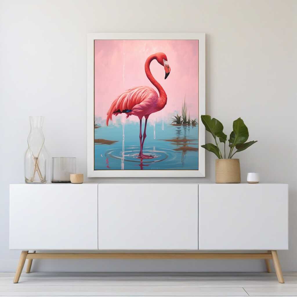 Paint by Numbers - Gentle elegance in the morning, featuring a flamingo in calm waters with shades of pink and sky blue, evoking peace and grace.