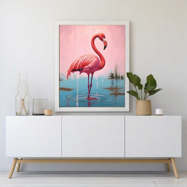 Paint by Numbers - Gentle elegance in the morning, featuring a flamingo in calm waters with shades of pink and sky blue, evoking peace and grace.