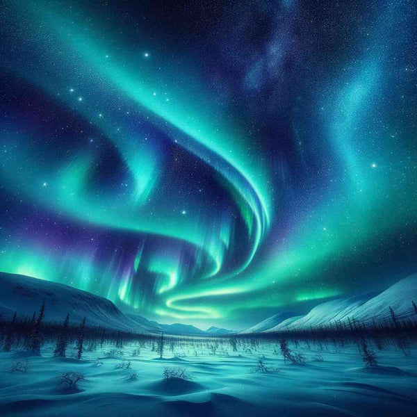Paint by Numbers - Northern Lights Wonderland with turquoise and green auroras over a wintry landscape.