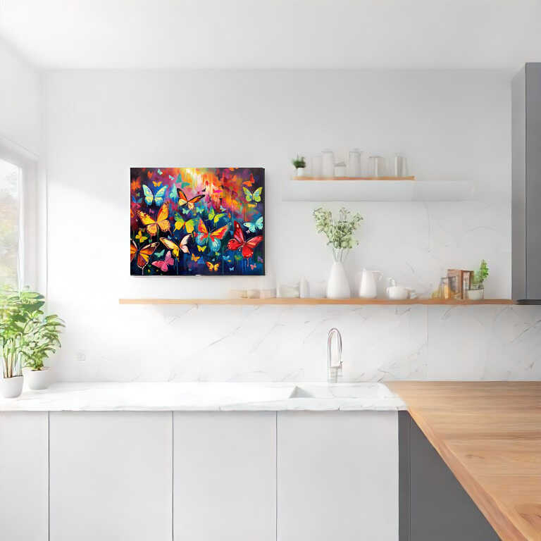 Paint by Numbers - Butterfly Symphony artwork in a modern white kitchen, colorful butterflies on canvas, bright and lively expressionism