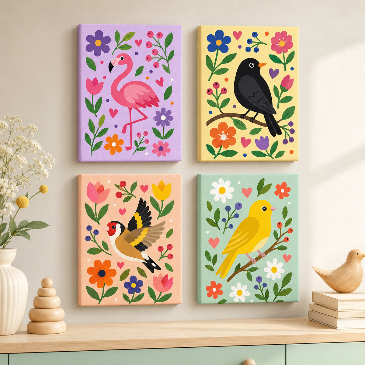colorful birds, set of 4 - Mini paint by numbers