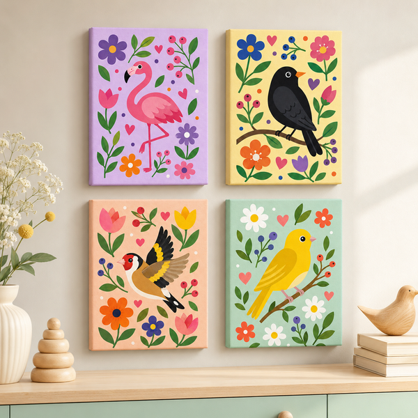 colorful birds, set of 4 - Mini paint by numbers