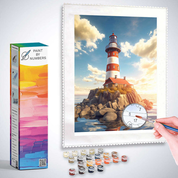 Paint by Numbers kit of a vibrant red and white lighthouse on a rocky island at sunset, reflecting in the calm sea, with paint supplies included.