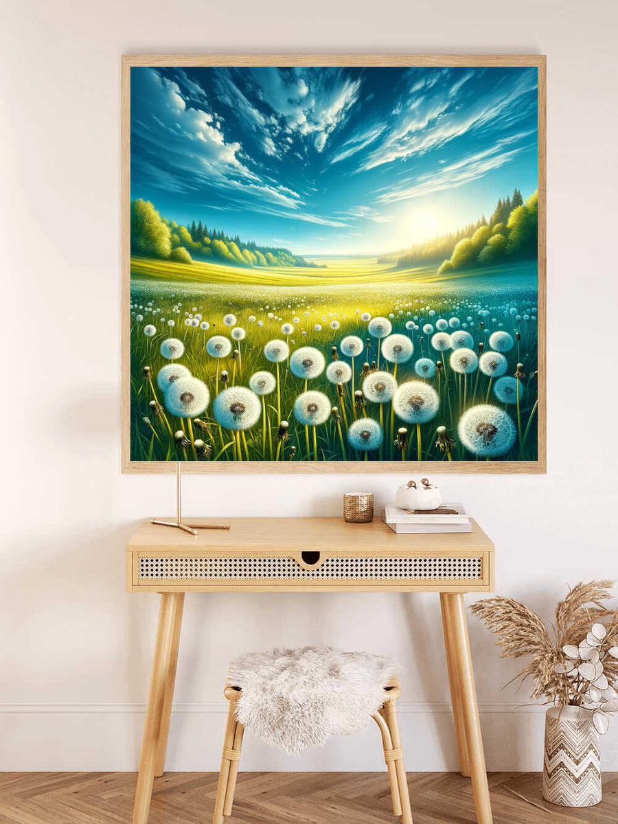Paint by Numbers kit of a sunrise over Dandelion Valley, with bright yellow and blue hues, mist, and a lush green forest background.