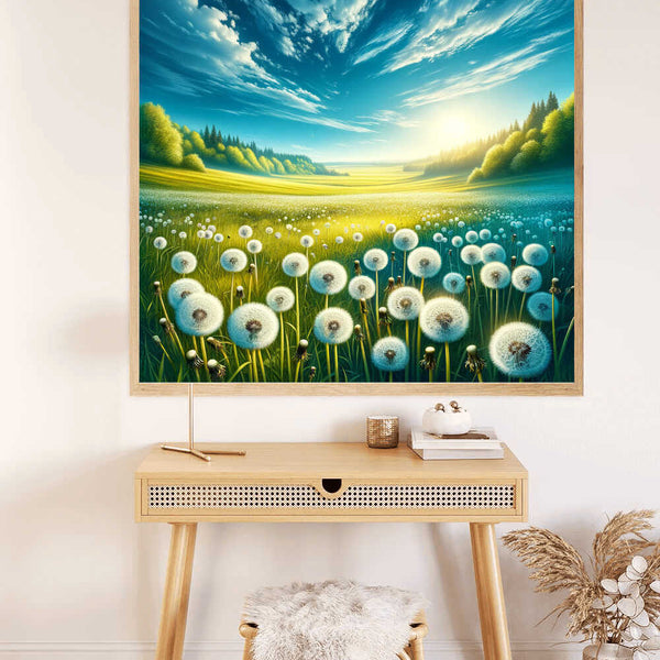 Paint by Numbers kit of a sunrise over Dandelion Valley, with bright yellow and blue hues, mist, and a lush green forest background.