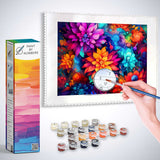 Paint by Numbers kit featuring vibrant abstract flowers in deep violet, fiery orange, and blue hues with paint pots and brush.