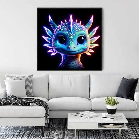 Paint by Numbers - Shining Wonders artwork of neon blue, purple, and pink fantasy creature displayed on living room wall