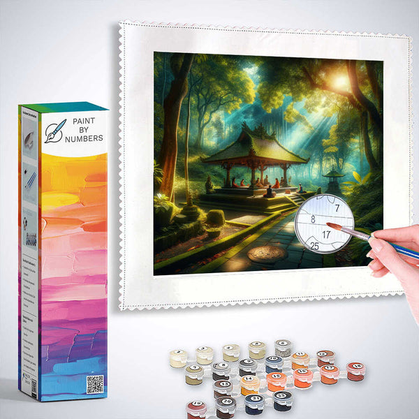 "Paint by Numbers - Mysterious Forest Sanctum, featuring a serene forest scene with a pagoda, mystical statues, and sunlight filtering through trees"