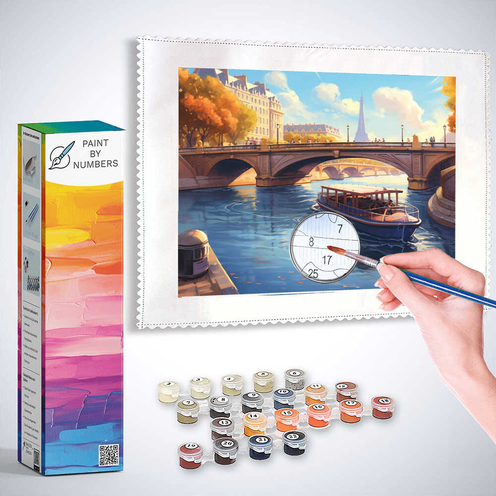 Paint by Numbers kit showcasing a Parisian autumn scene with Eiffel Tower, historic bridge, boat on Seine, and colorful leaves.