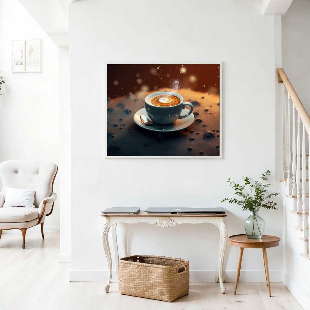 Paint by Numbers artwork "Coffee Meditation in the Cosmos" featuring a blue espresso cup with coffee grains and golden dust nebula in a modern home.
