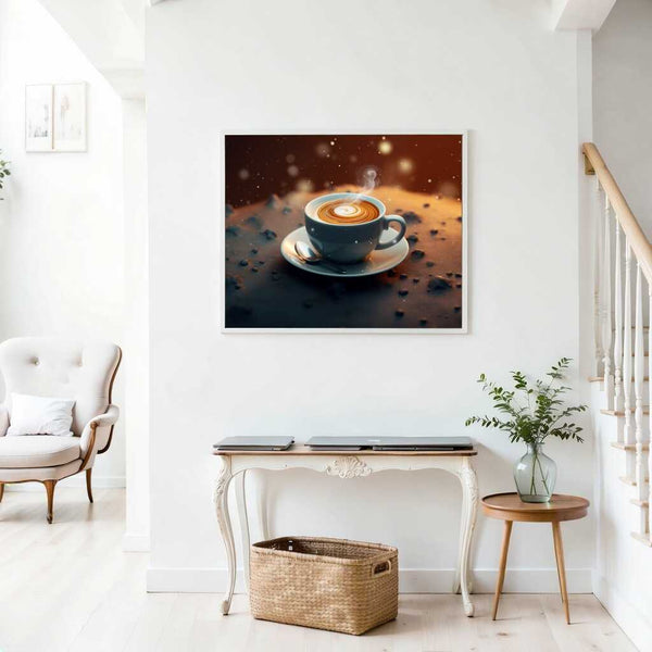Paint by Numbers artwork "Coffee Meditation in the Cosmos" featuring a blue espresso cup with coffee grains and golden dust nebula in a modern home.