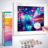 Paint by Numbers kit for Cosmic Coffee Break featuring a glowing café scene with vibrant patterns and a shimmering coffee mug
