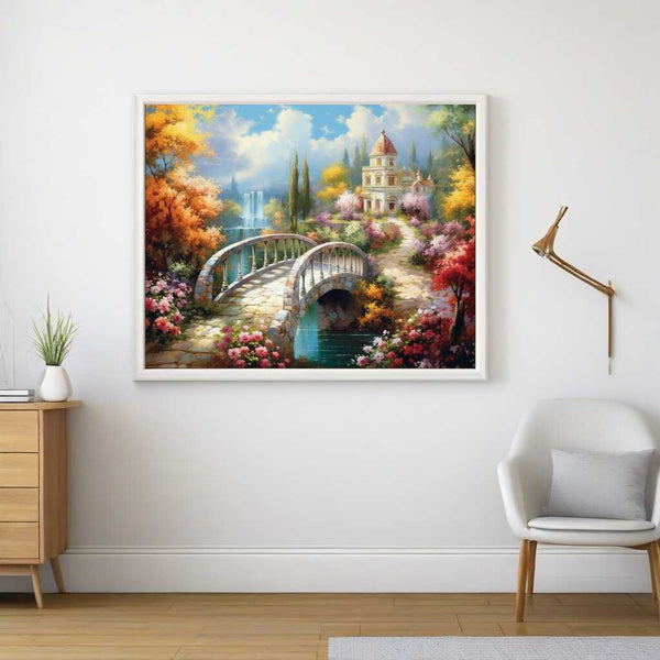 Paint by Numbers - Dreamy garden idyll with an elegant villa, stone path, colorful flowers, and a lively waterfall in an impressionistic style.