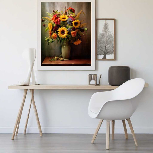 Paint by Numbers - Colorful still life artwork depicting vibrant sunflowers and other flowers in a vase, displayed above a minimalist desk.