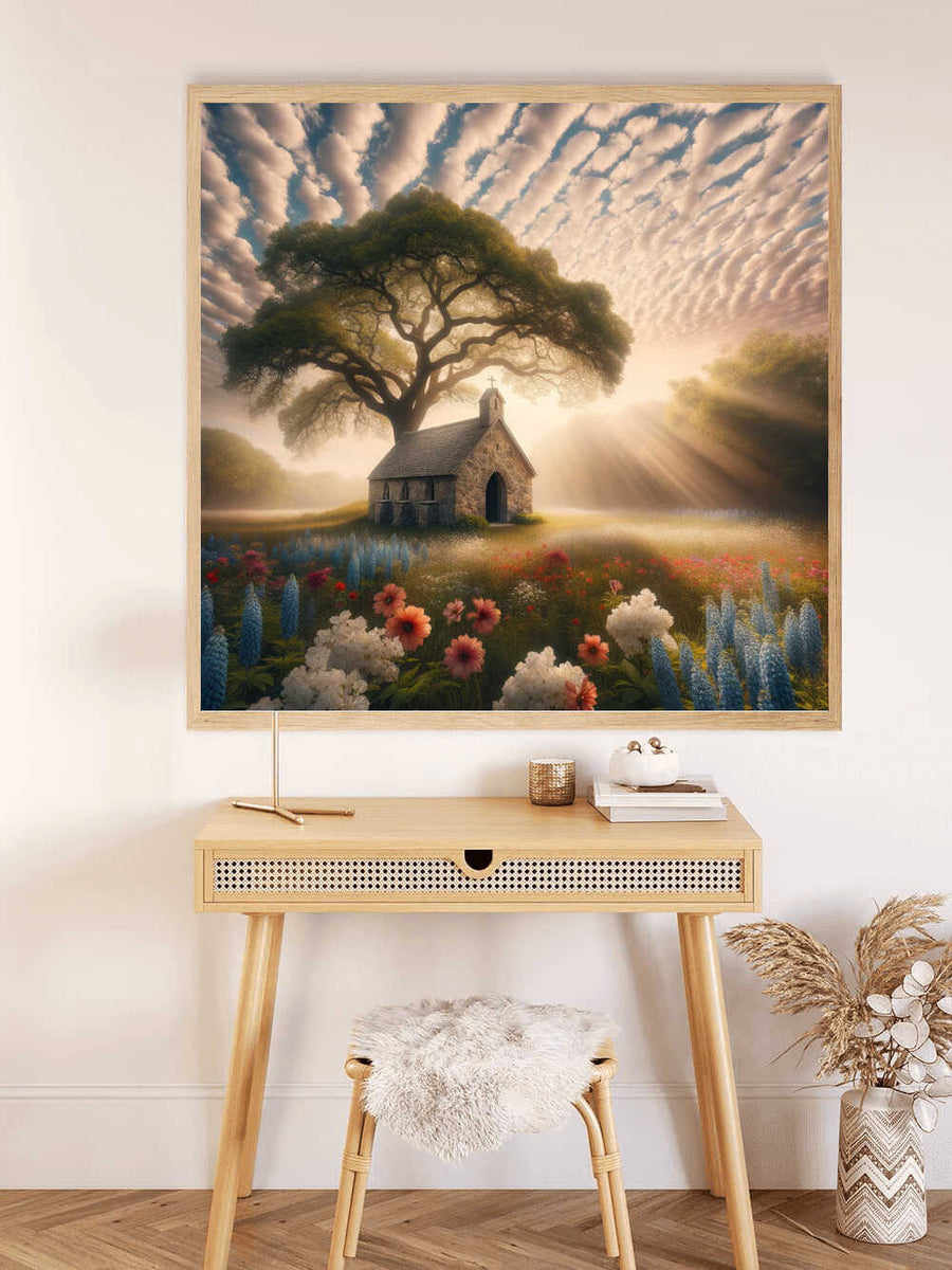 Paint by Numbers - Lights of Silence: serene landscape with chapel, ancient tree, and flowers, bathed in warm sunlight.
