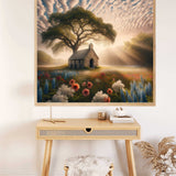 Paint by Numbers - Lights of Silence: serene landscape with chapel, ancient tree, and flowers, bathed in warm sunlight.