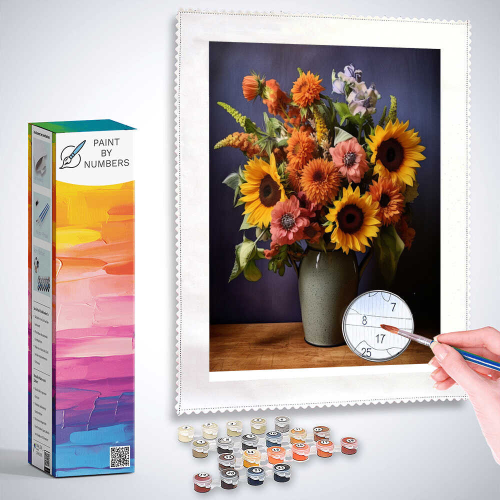 Paint by Numbers kit featuring 'Summer Shine' with vibrant sunflowers and pastel hues against a dark blue background for a realistic Mediterranean look.