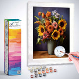 Paint by Numbers kit featuring 'Summer Shine' with vibrant sunflowers and pastel hues against a dark blue background for a realistic Mediterranean look.