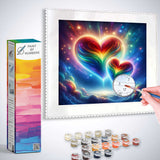 Paint by Numbers - Cosmic Heart Melody kit showing colorful hearts in space with stars and clouds, set includes paint and brush.