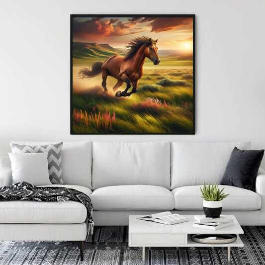 Paint by Numbers - galloping horse through a vibrant sunset landscape in a modern living room decor