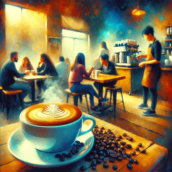 Paint by Numbers - Coffee House Magic with steaming latte art, gold and blue swirls, and guests enjoying a cozy café atmosphere.